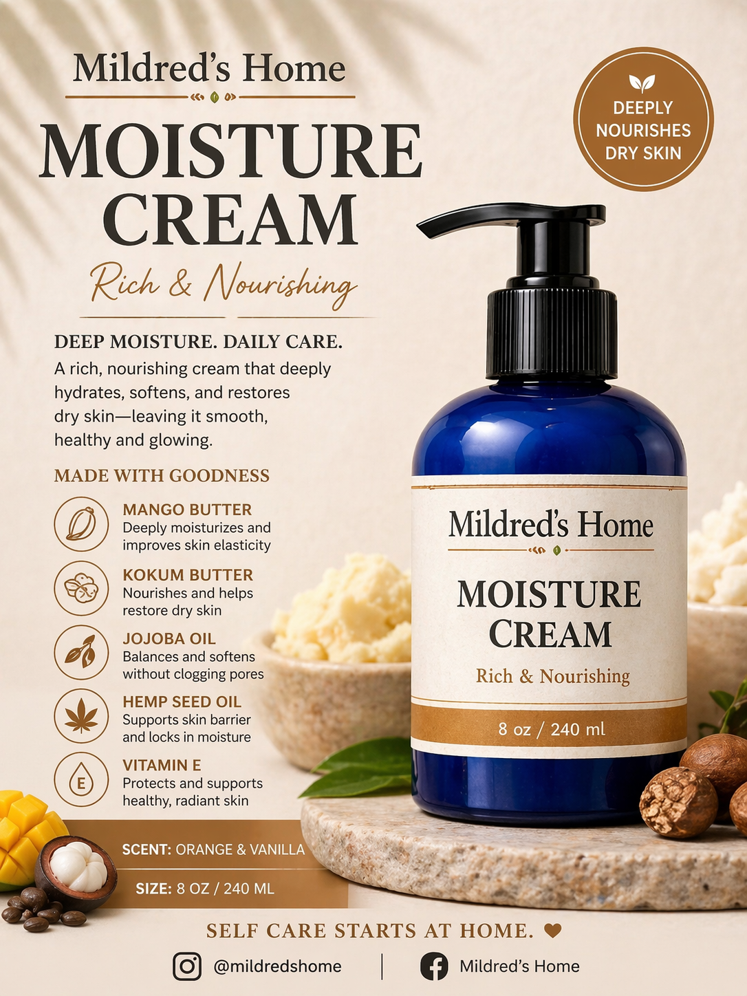 Daily Moisture Cream Orange & Vanilla in a blue jar with pump, promoting hydration and softness for dry skin.-full-deep