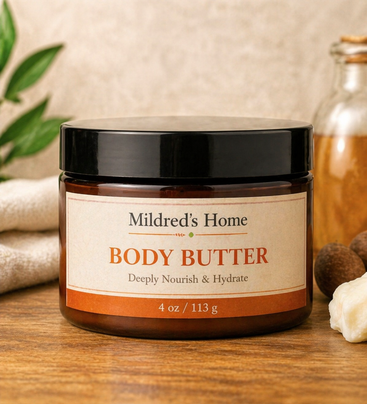 Mango & Kokum Body Butter in a jar with a label promoting deep nourishment and hydration for skin.